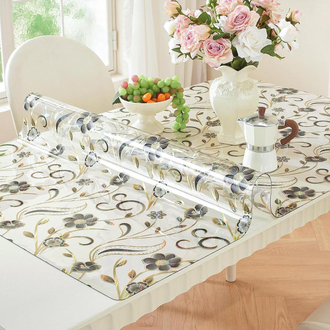 LovePads Floral Table Protector 42 x 60 Inch, 1.5mm Thick Plastic Table Cover, Waterproof Vinyl Tablecloth Rectangular Desk Protector Mat for Kitchen, Dining Room & Coffee Tabletop
