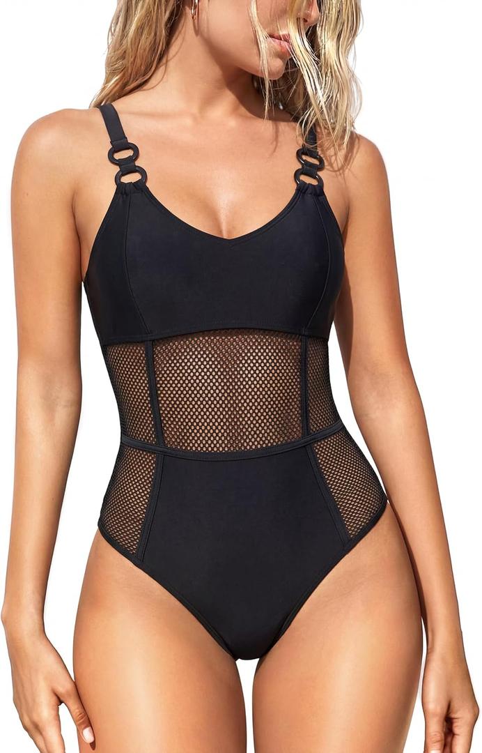 OOQ Womens One-Piece Swim Tummy Control Slimming Mesh Sheer Swimsuit Adjustable Straps Push Up Beachwear, L