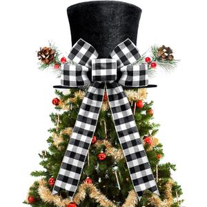 Christmas Tree Topper Hat, Black Velvet Xmas Tree Toppers with Classical Buffalo Plaid Big Bow tie and Lengthened Ribbon, Tree Topper for Christmas Holiday Party Home Decorations, Xmas Decor