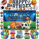 Sports Birthday Party Decorations Includes Banner, Backdrop, Foil & Latex Balloons, Cake & Cupcake Toppers, Honeycomb Centerpieces for Boy Sports Themed Party Decorations