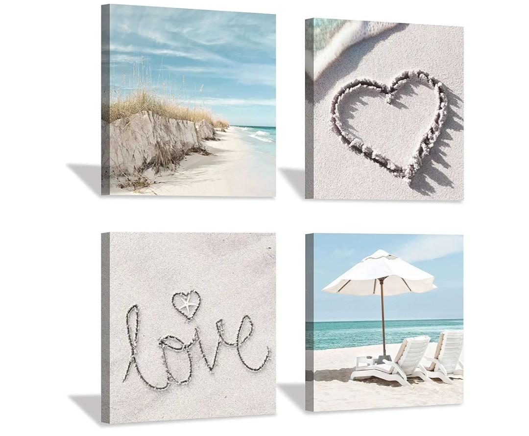 the stream design Bedroom Canvas Beach Wall Art: Bathroom Living Room Pictures Ocean Theme Painting Wall Decor 4 Panel Blue Coastal Prints Sea Scene Artwork Decorations for Home Office