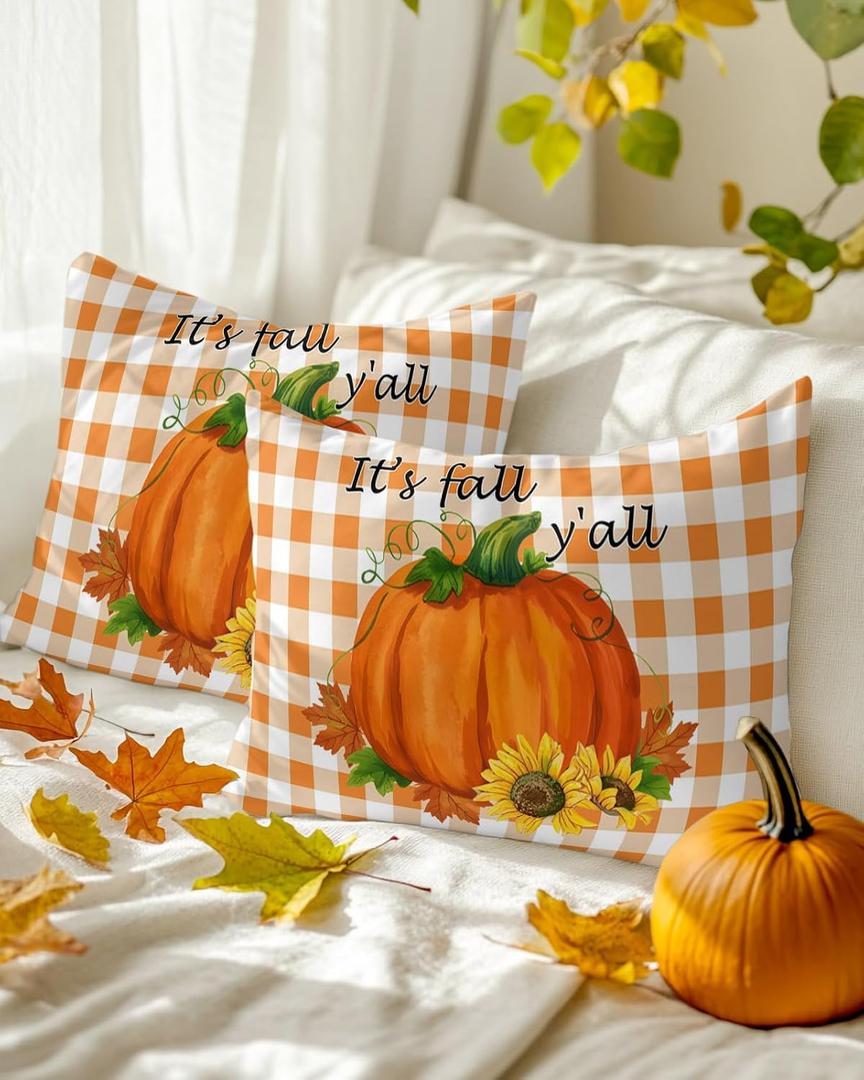Thanksgiving Pumpkin Throw Pillow Covers 12x20 Set of 2,Fall Orange Plaid Decorative Pillow Covers,Maple Leaf Sunflower Cushion Case for Sofa Couch Patio Garden Bedroom
