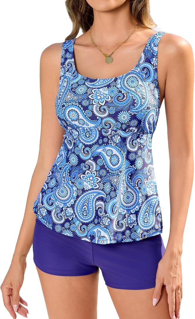Tankini Swimsuits for Women Two Piece Tummy Control Swimsuit Top with Boyshort Modest Bathing Suit (Medium, Paisley Blue)