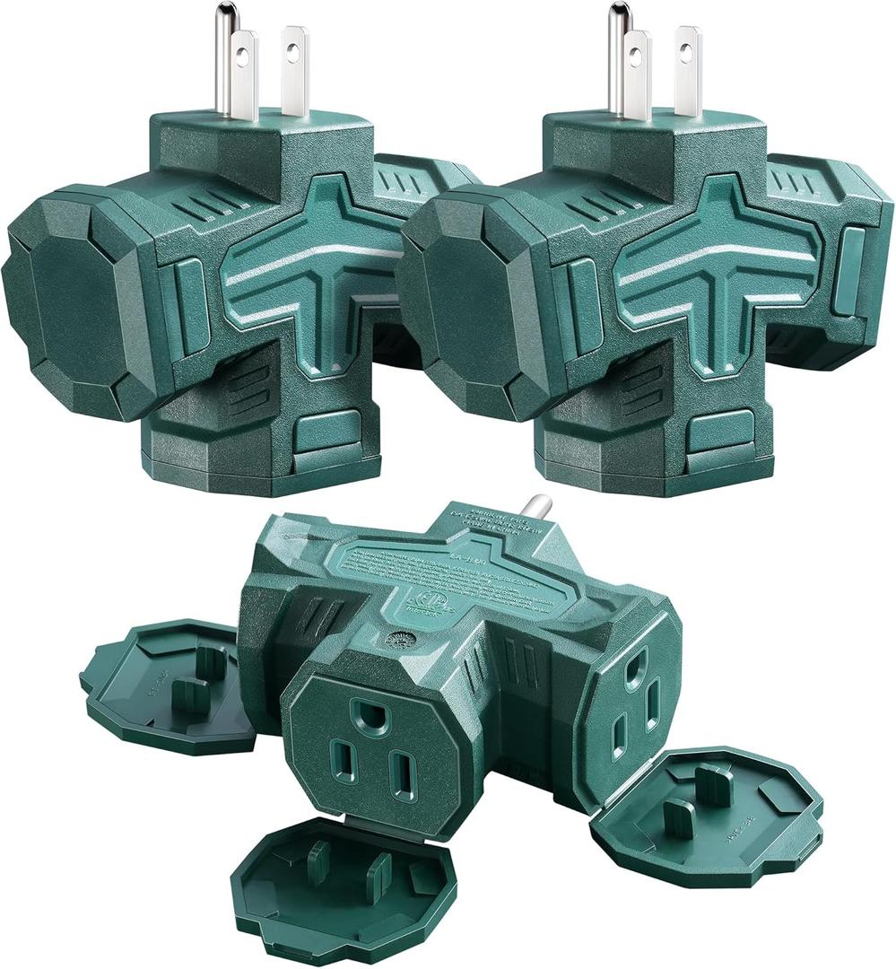 SURAIELEC Outdoor 3 Way Plug Adapter, Multi Plug Outlet Waterproof, 1 to 3 Power Splitter, Electrical 15A Multiple Outlet Extender with Cover for Outside Garden Garage, Green, ETL Listed, 3 Pack