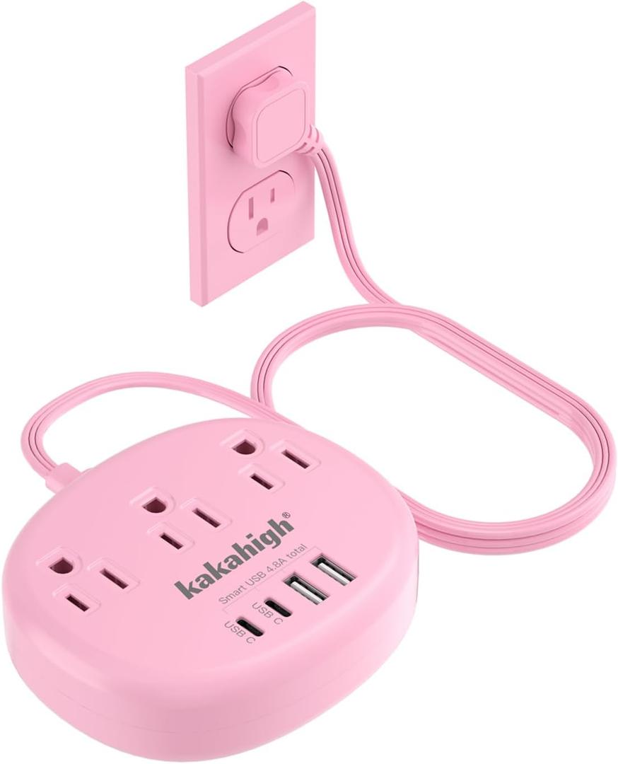Pink Extension Cord with Surge Protected 1080J - 5 FT Flat Extension Cord, 1625W Cute Extension Cord with 3 AC Outlet 4 USB (24W/4.8A), Compact for Cute Pink Kawaii Desk Home Essentials