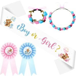 Riceshoot Boy or Girl Gender Reveal Sash Mom to Be Sash Dad to Be Pins with Flower Headband Wristband for Baby Showe Party (Blue,Pink,Bear Theme)
