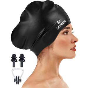 Large Long Hair Swim Cap with Extra Room for Women Men, Silicone Swimming Cap for Long Thick Hair with Ear Plugs Nose Clip Set, Adult Waterproof Swim Hats Bathing Caps to Keep Hair Dry (Black)