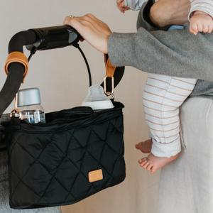 Beautiful Stroller Caddy Organizer With 2 Cup Holders  Luxury Stroller Bag, Universal Fit, Leather Straps & Zipper Pocket  Spacious Accessories Perfectly Fits Doona, Nuna & Uppababy Strollers (Black)