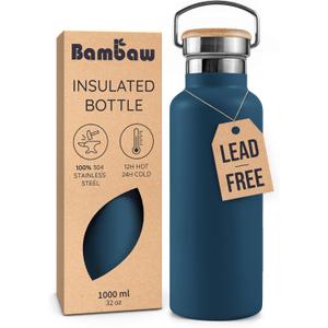 Bambaw Insulated Water Bottle 32 oz, Blue Water Bottle Stainless Steel, Reusable Water Bottle, BPA Free Water Bottle, Big Water Bottle 32oz, Cold and Hot Water Bottle  Aegean Blue