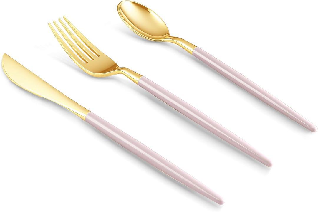 150 PCS Pink Gold Plastic Utensils for 50 Guests, Gold Disposable Silverware with 50 Knives, 50 Spoons and 50 Forks, BPA Free, Ideal for Weddings, Birthdays & Graduation