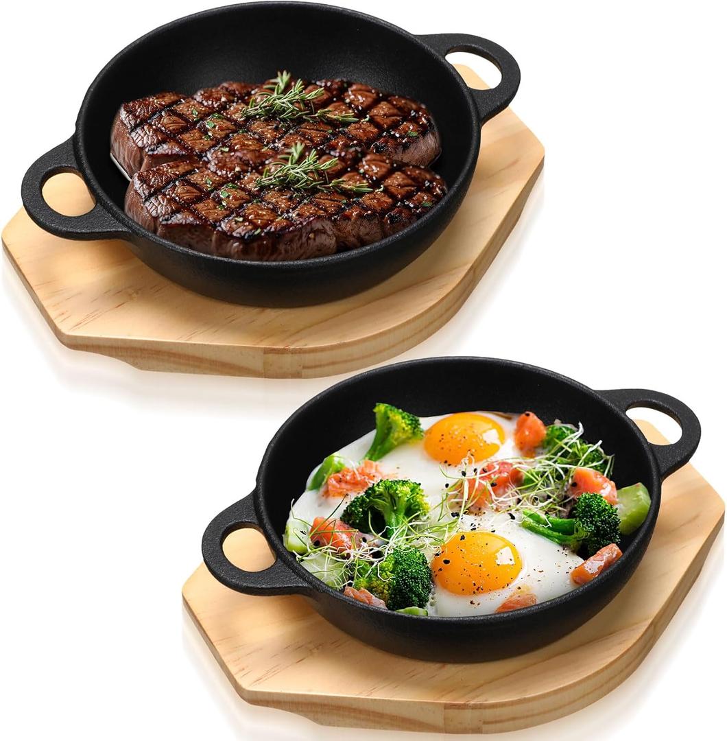2 Sets Mini Cast Iron Skillet with Wooden Base Small Cast Iron Plates Skillet Pan Round Fajita Plate Hot Steak Pot Dish for Baking Cooking(6.1 Inch)