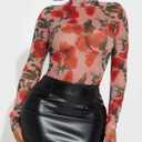 Women's Printed Mesh Long Sleeve Bodysuit, Sexy One Piece with Mock Neck Snap Crotch Leotard Top (Red, M)