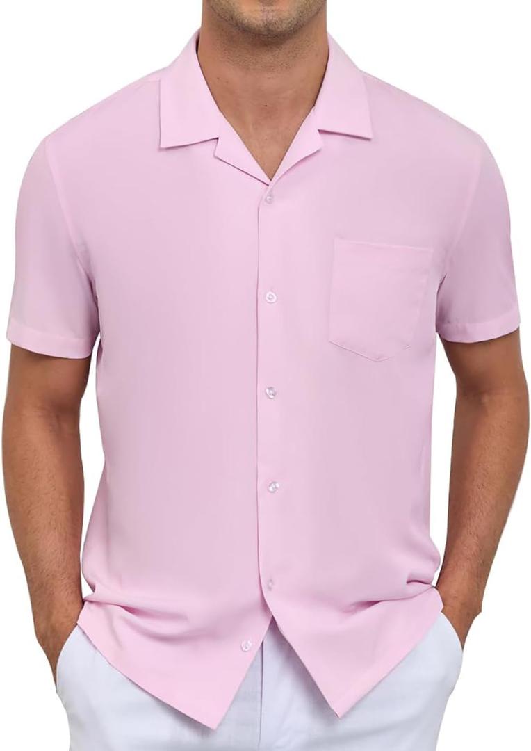 Men's Short Sleeve Button Down Shirt Cuban Collar Anti-Wrinkle Shirt Casual Summer Beach Shirt (Pink, XXXL)