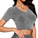 YYA Women's V Neck Sparkly Tops Short Sleeve Shirt Stretchy Ruffle Detail Slim Fit Shiny Blouse for Summer Casual & Night Out Silver, XXL