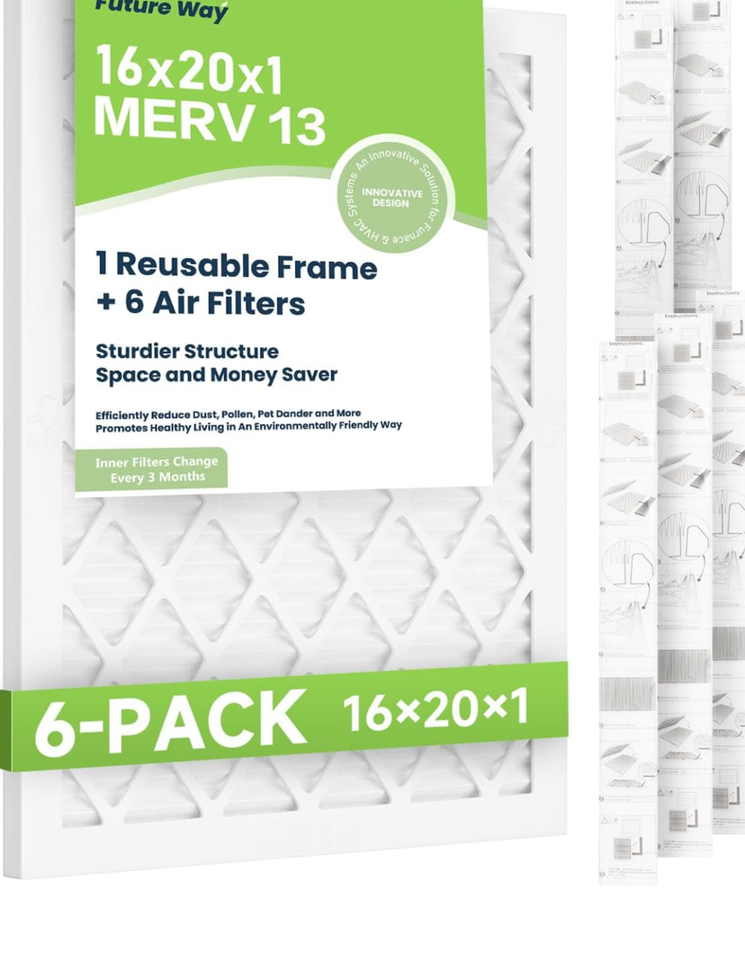 Future Way 16x20x1 Air Filters, 6-Pack with Reusable Frame, MERV 13, MPR 1900 AC Furnace Filters, Space Saving & Cost-Effective