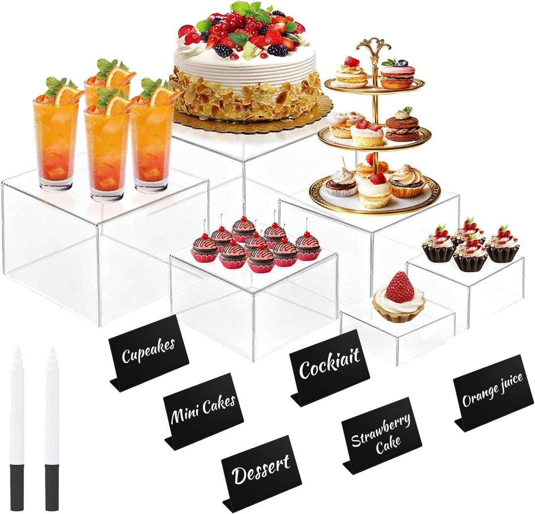 6Pcs Buffet Risers with Mini Sign and Maker, Clear Food Display Risers for Party, Acrylic Risers Display Stand for Buffet Table, Catering Displays for Dessert, Acrylic Boxes with Hollow Bottoms(8",7",6",5",4",3")