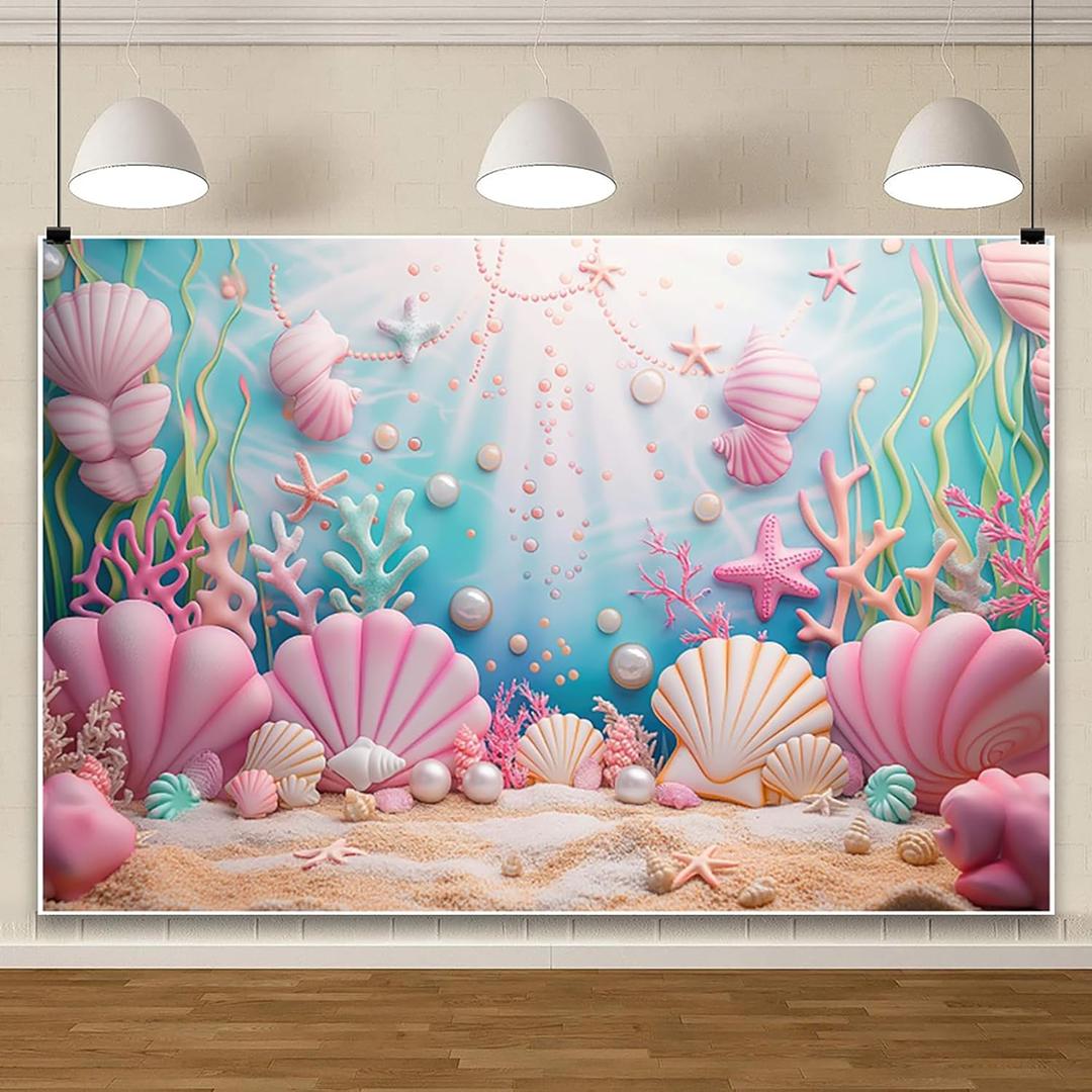AOFOTO 10x8ft Baby Girl Underwater World Birthday Backdrop Cartoon Pink Undersea Ocean Seashell Sunlight Water Grasses Little Girl Room Decor Wallpaper Princess Kids Baby Shower Party Table Banner