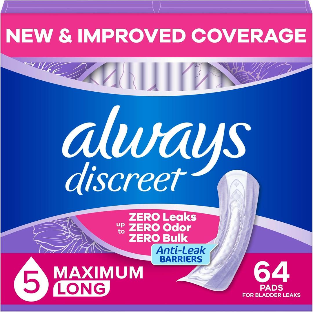 Always Discreet Adult Incontinence Pads for Women, Drier, 5 Drop Long Length, Heavy Absorbency, Pads for Bladder Control Management, Bladder Leaks, & Postpartum Pads, 64ct