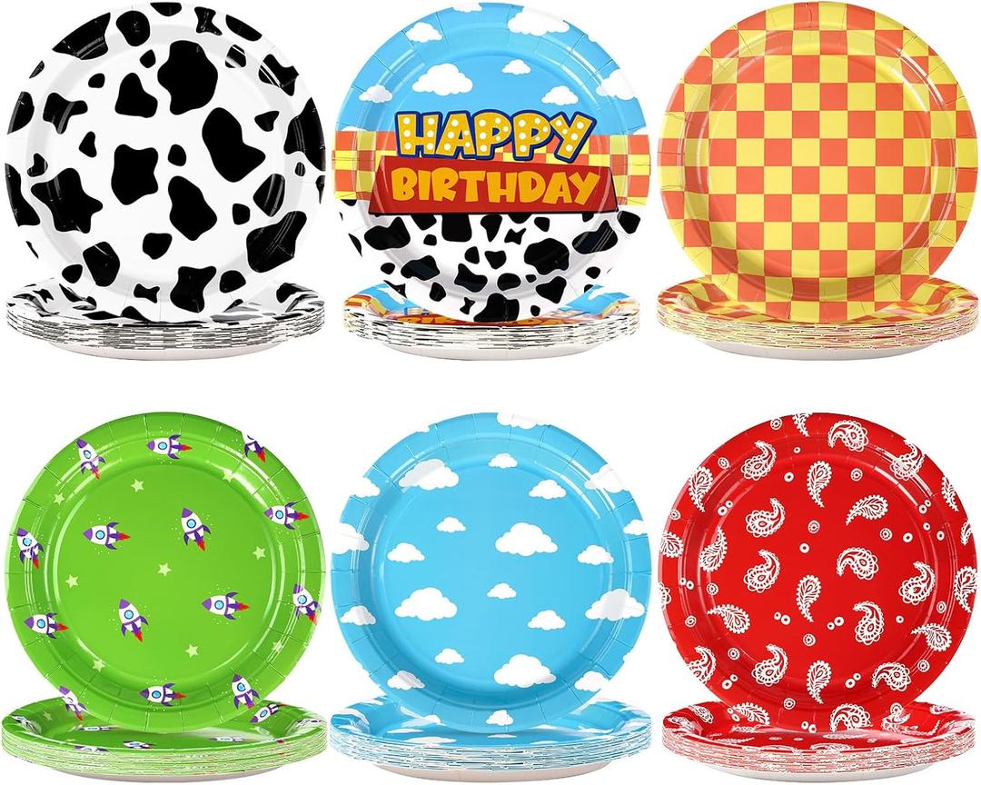 60 Pcs Toy Inspire Game Cartoon Story Party Plates 9" 350GSM Cartoon Cowboy Round Paper Plates Disposable Blue Sky Tableware Set for Kids Boys Girls Birthday Party Supplies Baby Shower Decor Favors