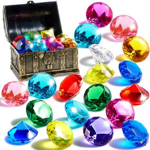Sloosh Diving Gems Pool Toys, 16 Big Colorful Diamond with Pirate Treasure Chest,Swim Dive Toy for Kids Underwater Gemstone Swimming Training Gift Water Pool Games(Gold)