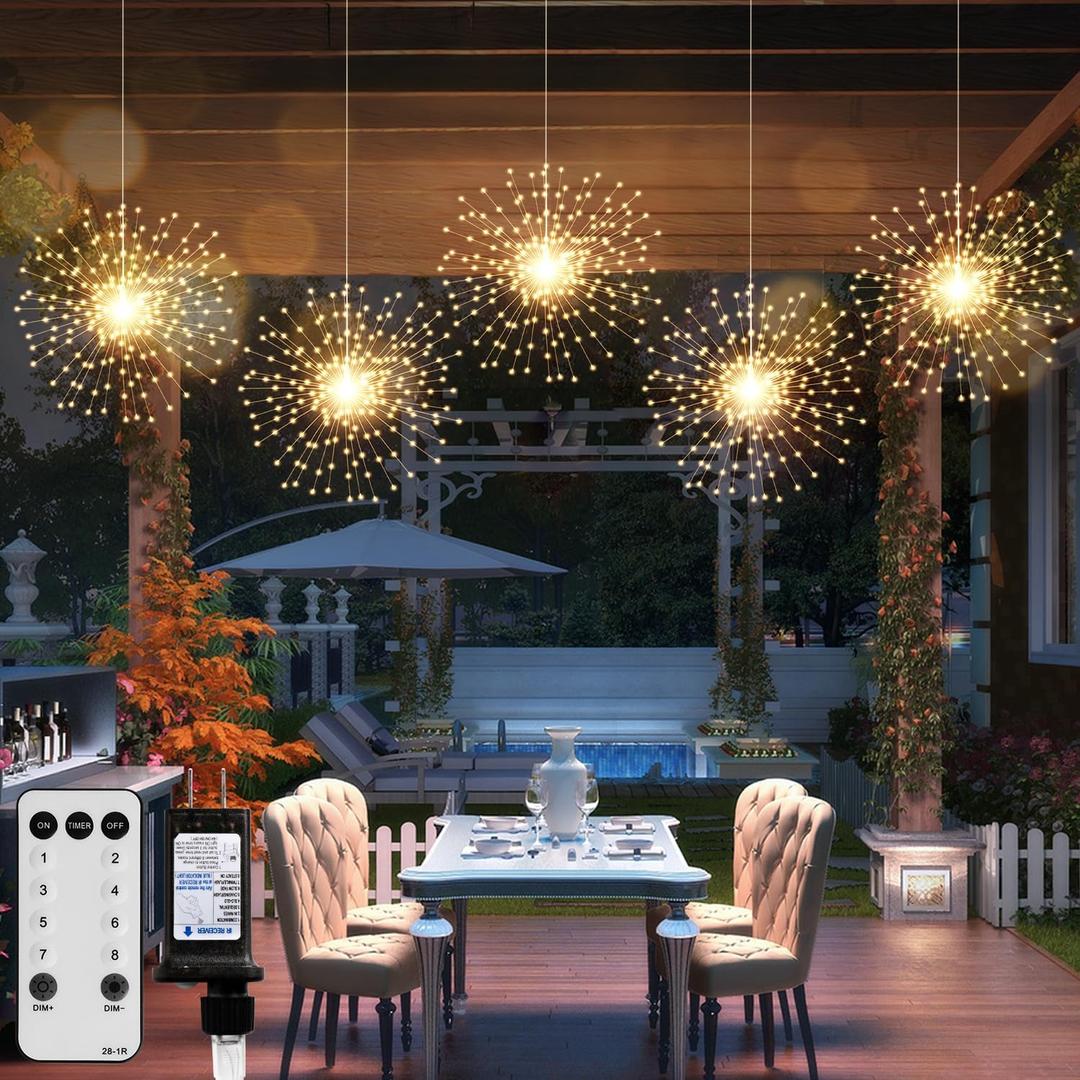 5 Pack Firework String Lights Christmas Light, 200 LED 8 Modes Hanging Starburst Lights for PartyGarden Decoration (Warm White)