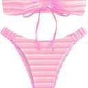 Women's Striped Printed Bandeau Bathing Suit High Waisted Swimsuit Bikini Set (Medium, Light Pink)