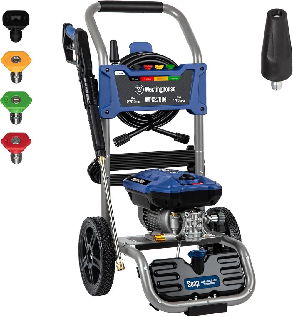 Westinghouse WPX2700e Electric Pressure Washer, 2700 Max PSI and 1.76 Max GPM, Induction Motor, Onboard Soap Tank, Spray Gun and Wand, 5 Nozzle Set, for Cars/Fences/Driveways/Homes/Patios/Furniture