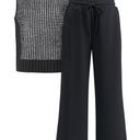 Women Two Piece Outfits Crochet Sheer Knit Sweater Sleeveless Top Wide Leg Pants Lounge Matching Sets Travel Sweatsuit, S