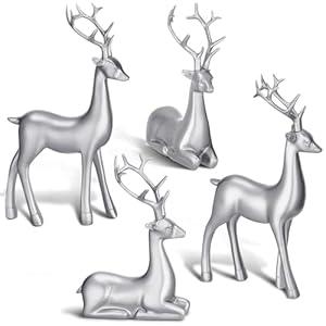 Thyle 4 Pcs Christmas Reindeer Decor Small Resin Standing Sitting Deer Figurine Mini Reindeer Christmas Table Decoration for Home Indoor Xmas Holiday Small Statue Rustic Table Decor(Black, Silver)