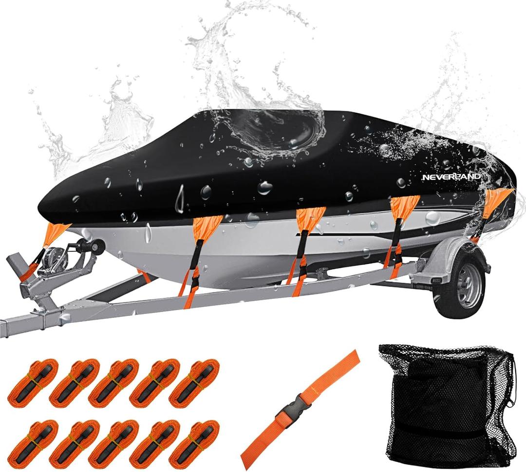NEVERLAND Boat Cover Waterproof Heavy Duty Marine Grade Polyester Canvas Trailerable Boat Cover Fits V Shape/V-Hull and Tri-Hull Runabouts,Pro-STYL,Bass Boat Length 16-18.5ft, Beam Width up to 94" (Black)