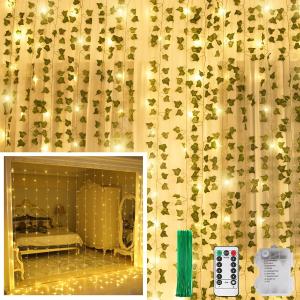 KASZOO 12 Pack Artificial Ivy Leaf Plants with 240 LED Window Curtain String Lights, Fake Plants Vine Hanging Garland, Hanging for Wall Party Wedding Room Home Kitchen Indoor & Outdoor Decoration