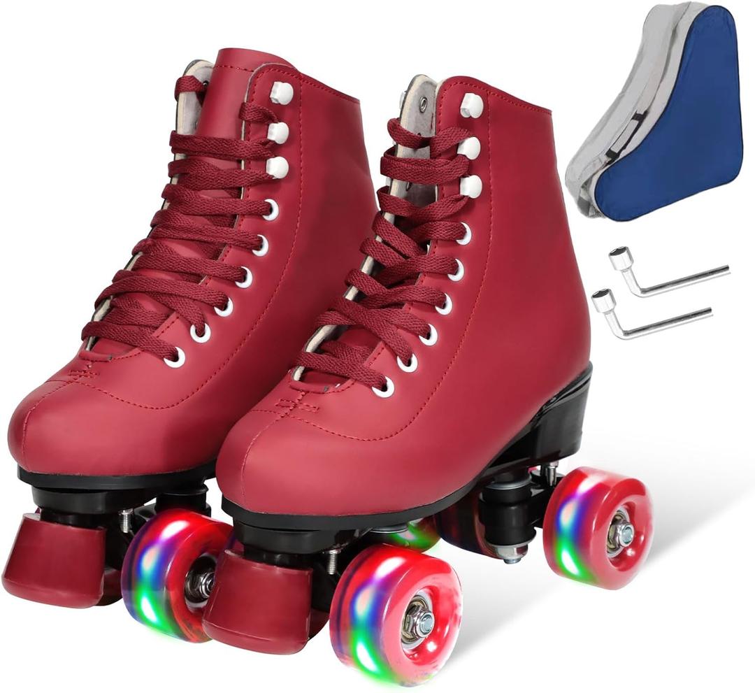 Wiwiy Roller Skates for Women Men, with Leather High Top Four Shiny Wheel Roller Skates Red, for Beginner Indoor Outdoor(Women's 9 / Men's 8)