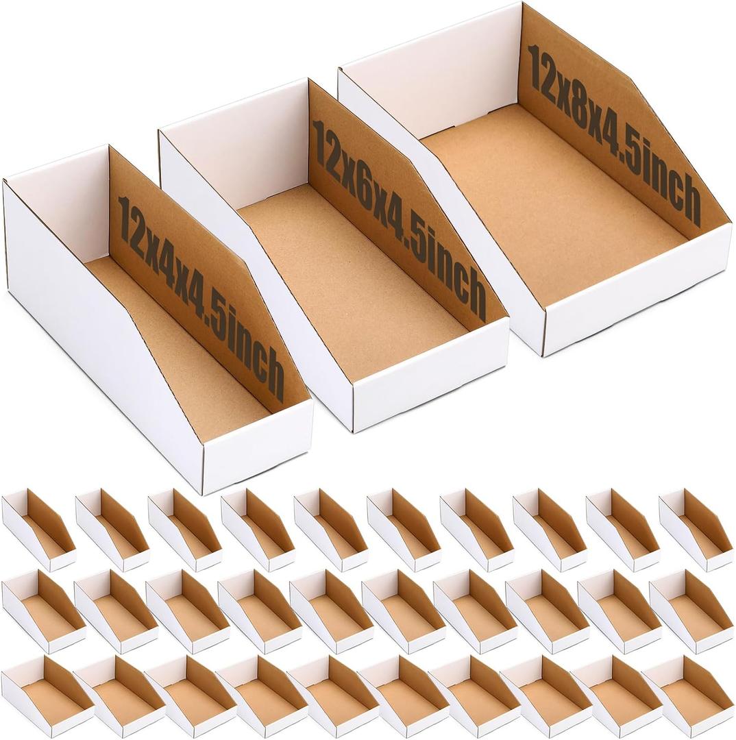 50 Pack Cardboard Storage Bin Boxes Bulk 3 Sizes, Medium, White