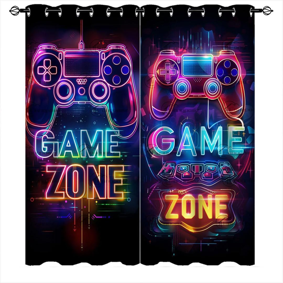 Modern Game Neon Blackout Curtains for Kid Girls Boys Bedroom Video Games Game Zone Gamepad Thermal Insulated Darkening Grommet Window Drapes for Bedroom Living Room, W42xL63 Inch