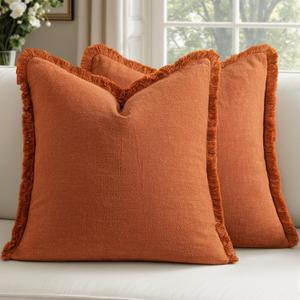 Woaboy Decorative Linen Fringe Throw Pillow Covers Boho Farmhouse Soft Cushion Covers Accent Pillowcases with Tassels for Living Room Couch Sofa Bed Chair, 20x20 Inch Set of 2,Rust