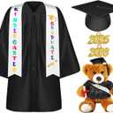 Sintuff 7 Pcs Kindergarten Graduation Gown Cap 2025 Preschool Graduation Accessories Stole Tassel Sash Charm Bear Gifts (30, Black)