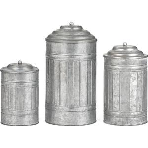 Decorative Metal Storage Jars, Set of 3 Galvanized Farmhouse Canisters with Lid, Vintage Tin Canister for the Kitchen Living Room Home Decor