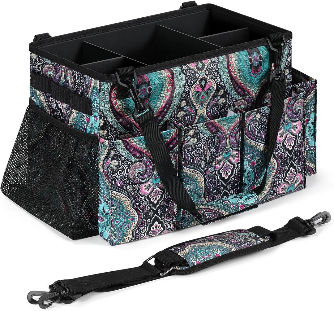 Large Wearable Cleaning Caddy Bag, Cleaning Caddy Organizer with Handle | Shoulder & Waist Strap, Cleaning Supplies Organizer Tote with Foldable Dividers for Cleaner Housekeeper (Flower-pattern)