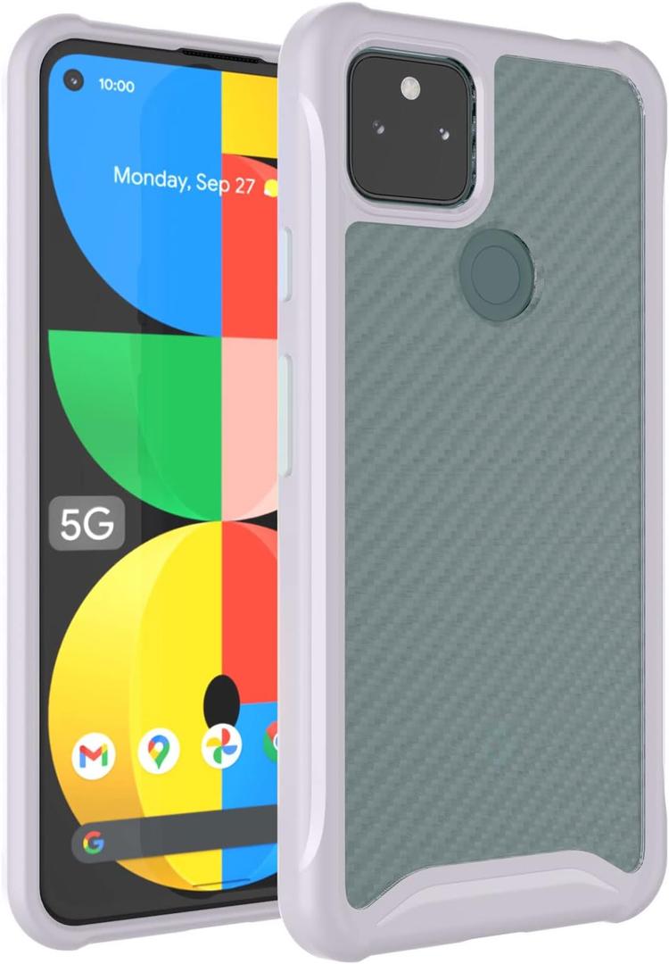 TUDIA Clear Carbon Fiber Compatible with Google Pixel 5a Case 5G, [Lucion] Shock-Absorbent Transparent Slim TPU Carbon Hybrid Bumper Case for Pixel 5a 5G, Light Purple 