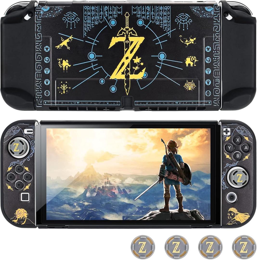 DLseego Switch OLED Protective Case Dockable Hard Shell Black Shockproof Cover Joy Con Skin with 4PCS Thumb Grips Caps Design for Switch OLED New Model