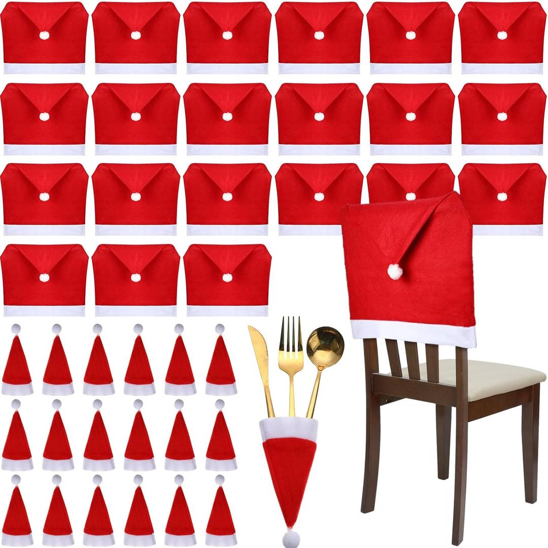 Chumia 48 Pcs Christmas Chair Covers and Santa Hats Silverware Holders Red Christmas Dining Chair Back Slipcovers for Xmas Holiday Party Dinning Room Decoration