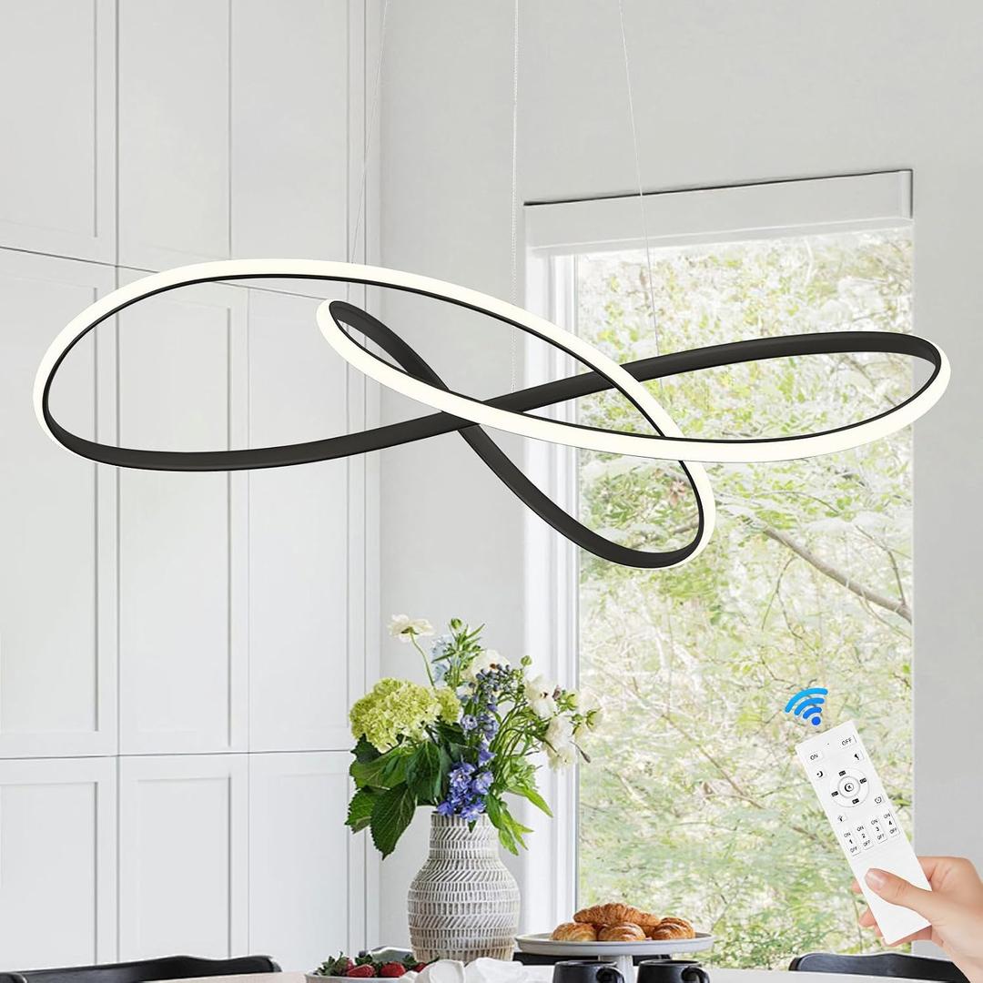 D31.5in Modern LED Chandelier Black Ring Chandelier High Ceiling Contemporary with Dimmable Remote Control, LED Pendant Light Fixtures for Foyer Dining Room Kitchen Island, 3000-6500K