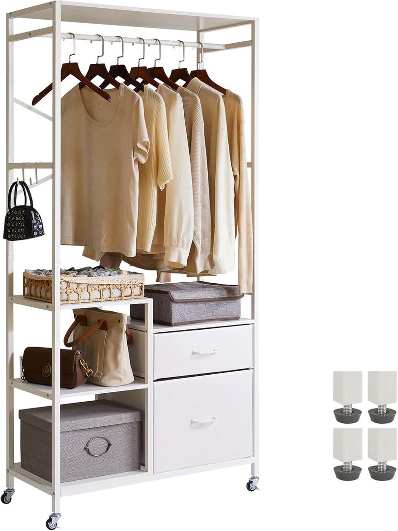 Aibiju Clothes Rack for Hanging Clothes, 2 Drawers, Heavy Duty Garment Racks with Shelves, Clothes Rack with Hanging Hooks, White YD-TM080W
