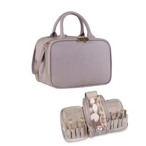 Prite Makeup Bag for Women, Large Capacity Waterproof Travel Cosmetic Organizer, Portable Open Flat Toiletry Bag with Free-standing Brush Holder and Handle(Purple Meidum)