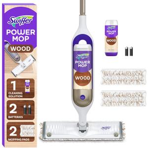 Swiffer Power Mop Wood, Hardwood Floor Cleaner for Mopping Home, Bathroom, Kitchen, All Purpose Multi-Surface Cleaning Set includes PowerMop Wood, 2 Pads, 1 QuickDry Lemon Solution, & 2 Batteries