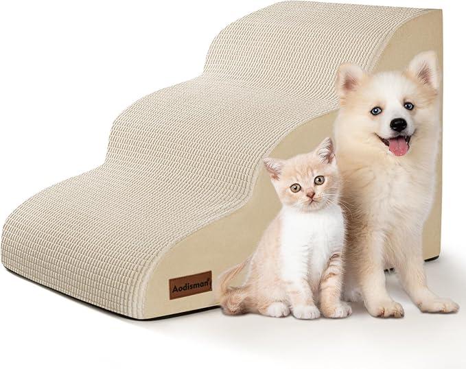 Aodisman 3Step Dog Ramp and Stairs for Sofa and Chair  NonSlip Sturdy Pet Steps for Small Dogs and Cats,15.7" H,Beige