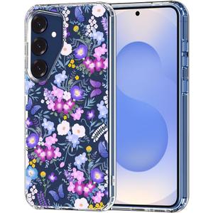 MOSNOVO Case for Samsung Galaxy S25 / Galaxy S24, [Buffertech 6.6ft Military-Grade Drop Protection] [Anti Peel Off Tech] Clear TPU Bumper Phone Case Cover Design - Purple Peri Nemophila Flower