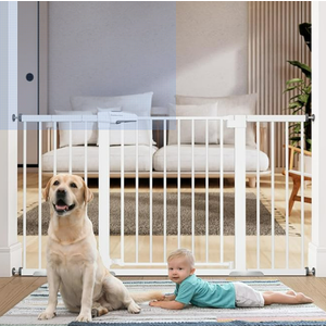 BABELIO 29-55 Inch Extra Wide Baby/Dog Gate, Metal Auto Close for The House and Doorways, Pressure Mounted Pet Door, NO Need Tools and Drilling, with Wall Cups, White