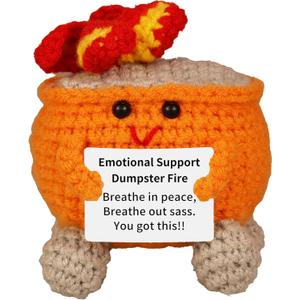 Handmade Emotional Support Dumpster Fire Crochet Gift - Funny Desk Decor with Positive Card for Coworkers, Teachers, Adults, Meme Lovers, Christmas, Halloween, Office Pranks, Knitted Doll Toy (Orange)