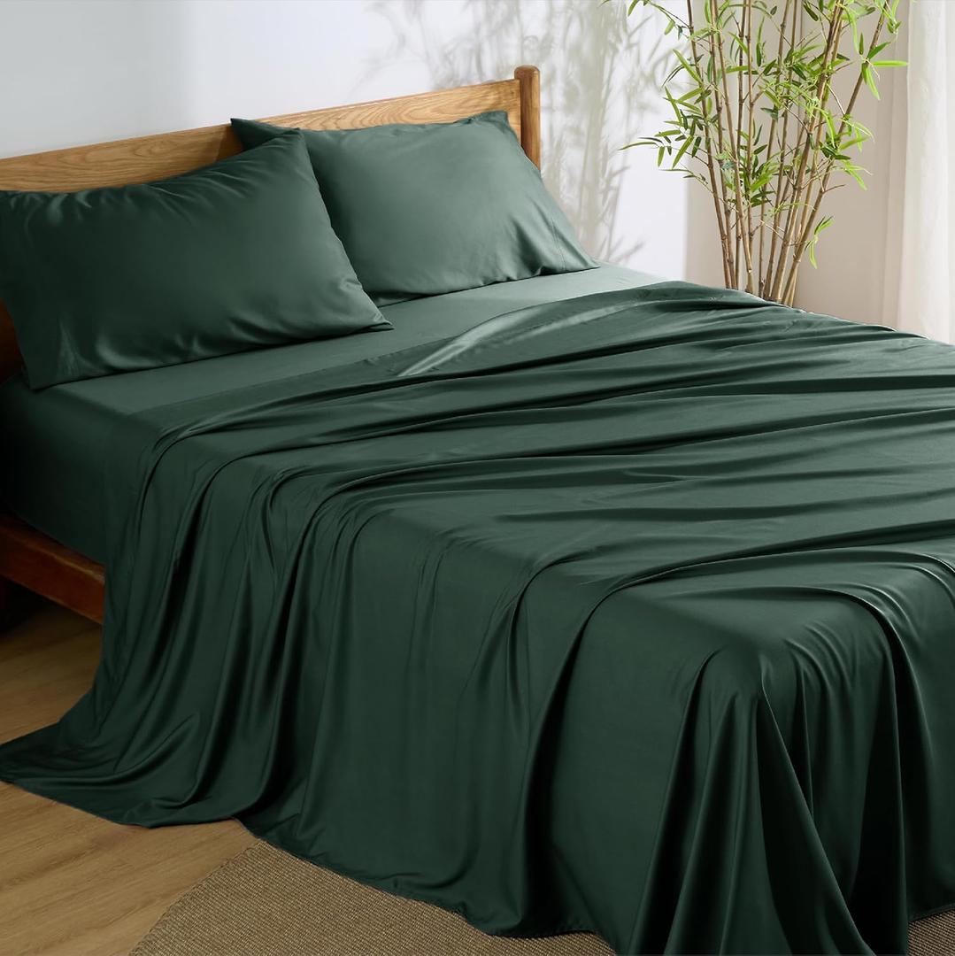 Bedsure Queen Sheet Set, Rayon Derived from Bamboo, Cooling Sheets, Breathable & Soft, Deep Pocket Up to 16 Inches, Hotel Luxury Silky Bedding for Hot Sleepers, Forest Green